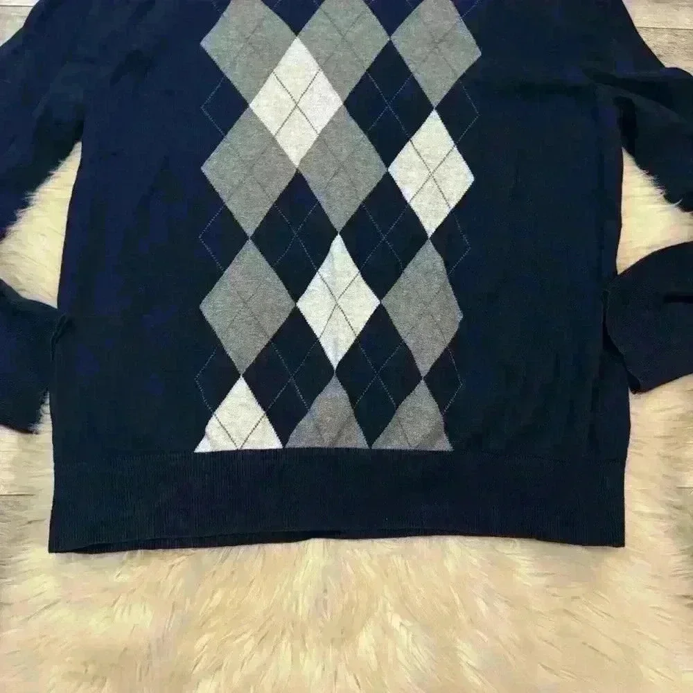 Mens Banana Republic Navy Blue Gray Argyle 100% Merino Wool Sweater Medium